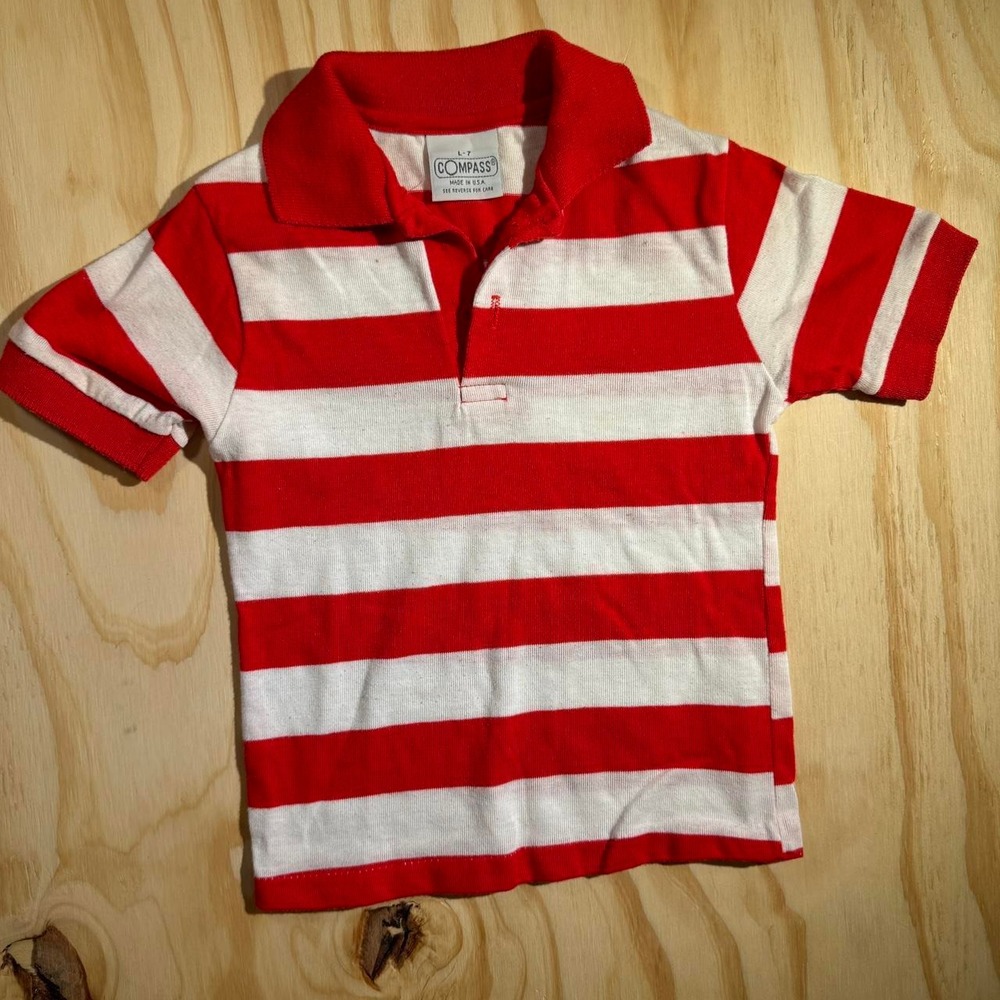 Compass Boys Red White Striped Short Sleeve Polo Shirt Size L 7 Made in USA
